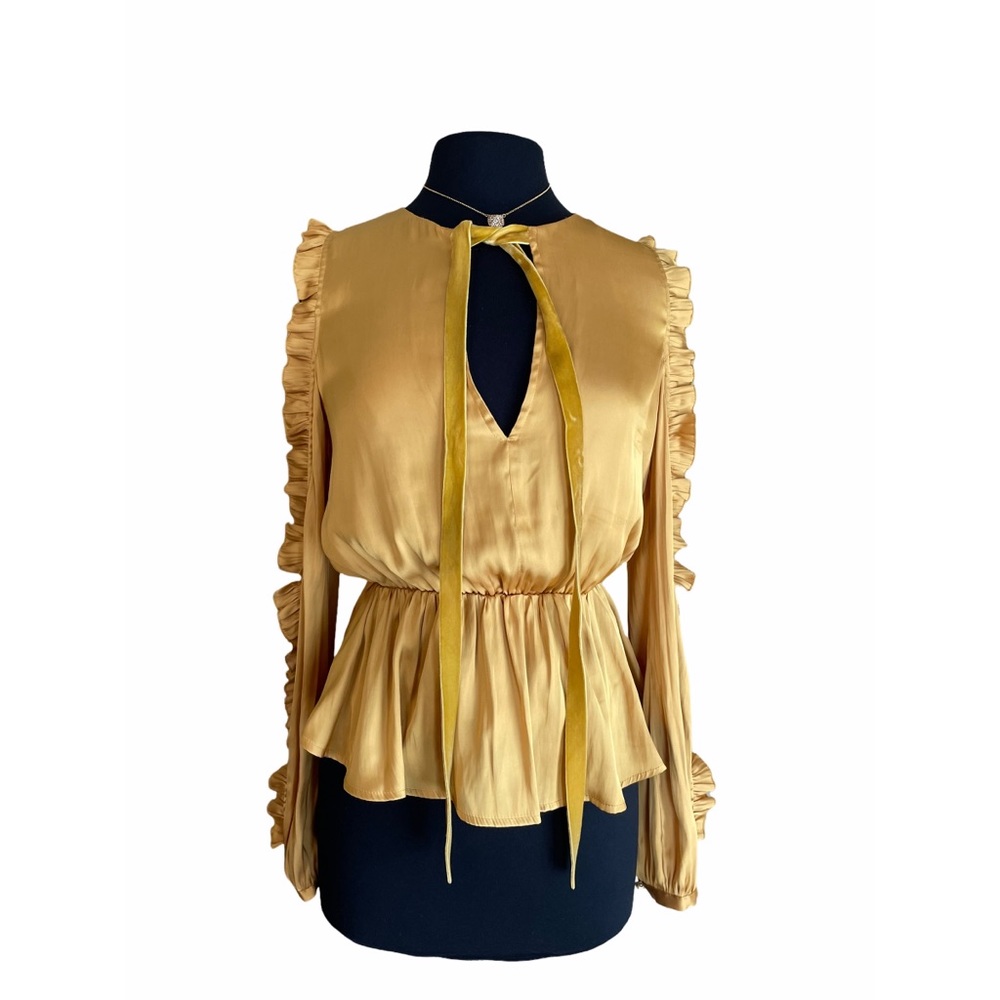 Tularosa Yellow Ruffle Velvet Neck Tie Cold Shoulder Long Sleeve Top